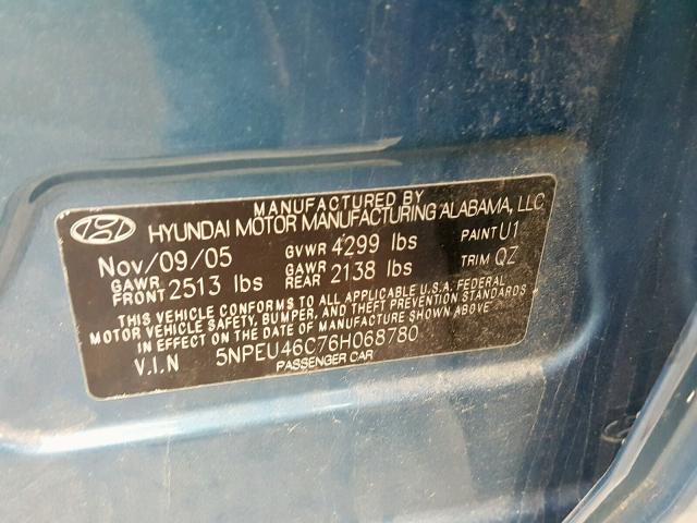 5NPEU46C76H068780 - 2006 HYUNDAI SONATA GLS BLUE photo 10