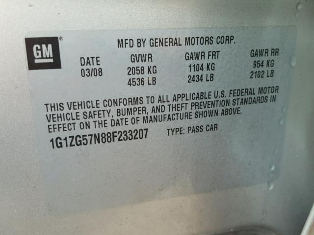 1G1ZG57N88F233207 - 2008 CHEVROLET MALIBU LS 银色 照片 10