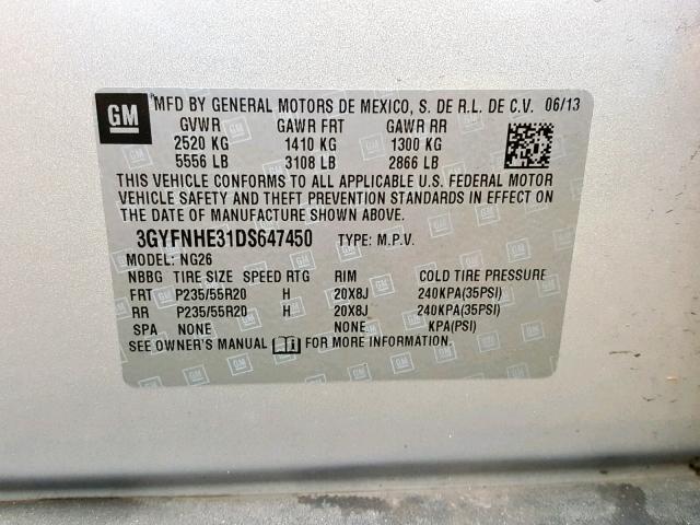 3GYFNHE31DS647450 - 2013 CADILLAC SRX PERFOR SILVER photo 10