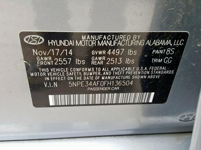 5NPE34AF0FH136504 - 2015 HYUNDAI SONATA SPO SILVER photo 10