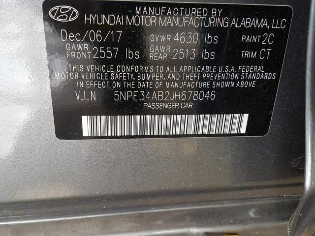 5NPE34AB2JH678046 - 2018 HYUNDAI SONATA SPO CHARCOAL photo 10