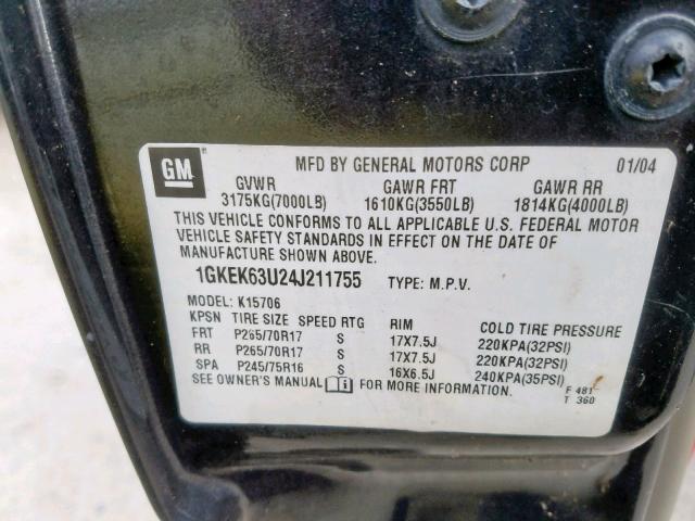 1GKEK63U24J211755 - 2004 GMC YUKON DENA GRAY photo 10