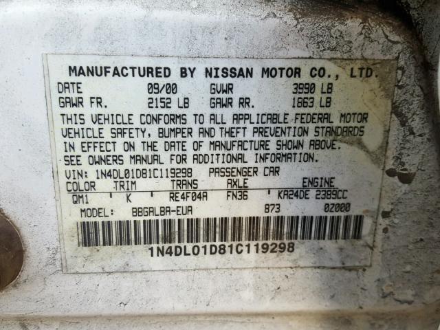 1N4DL01D81C119298 - 2001 NISSAN ALTIMA XE WHITE photo 10