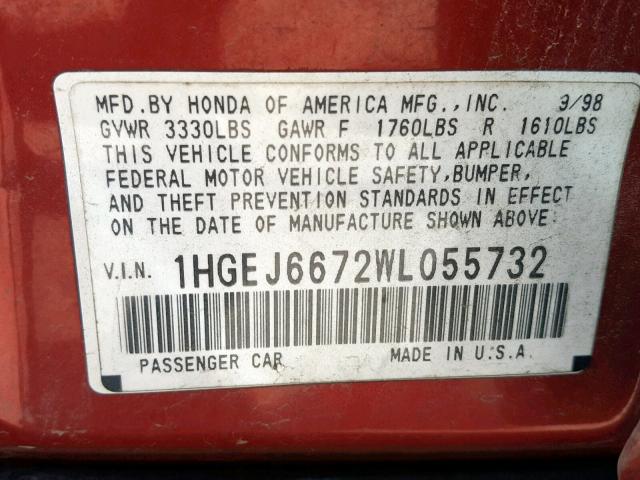 1HGEJ6672WL055732 - 1998 HONDA CIVIC LX RED photo 10