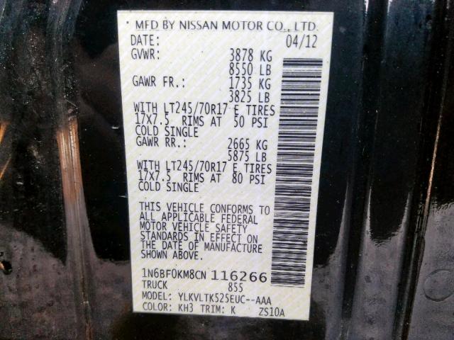 1N6BF0KM8CN116266 - 2012 NISSAN NV 1500 BLACK photo 10