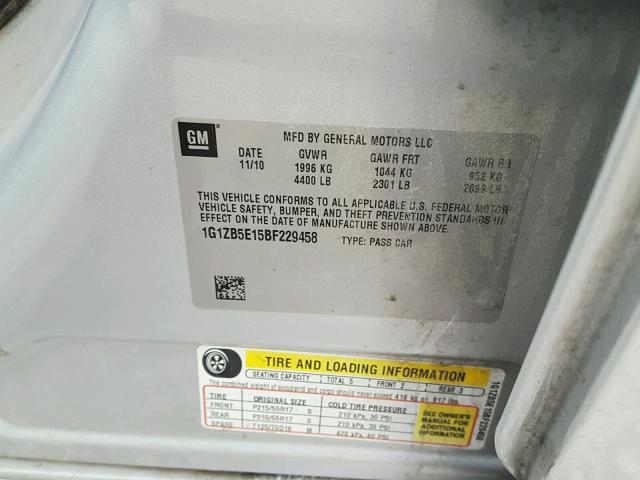 1G1ZB5E15BF229458 - 2011 CHEVROLET MALIBU LS 银色 照片 10