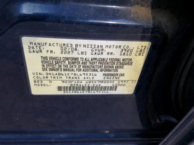 3N1AB61E78L695316 - 2008 NISSAN SENTRA 2.0 BLUE photo 10