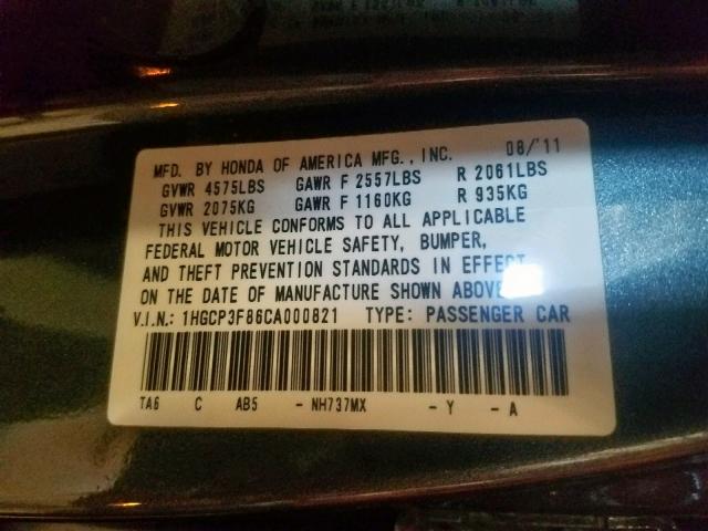 1HGCP3F86CA000821 - 2012 HONDA ACCORD EXL GRAY photo 10