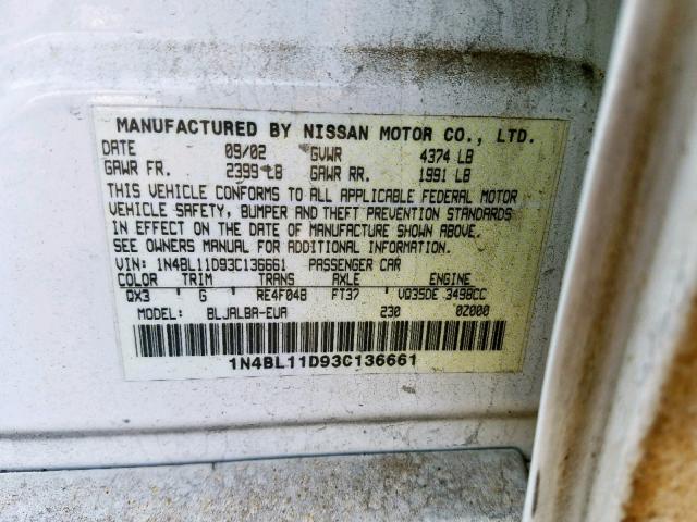 1N4BL11D93C136661 - 2003 NISSAN ALTIMA SE WHITE photo 10