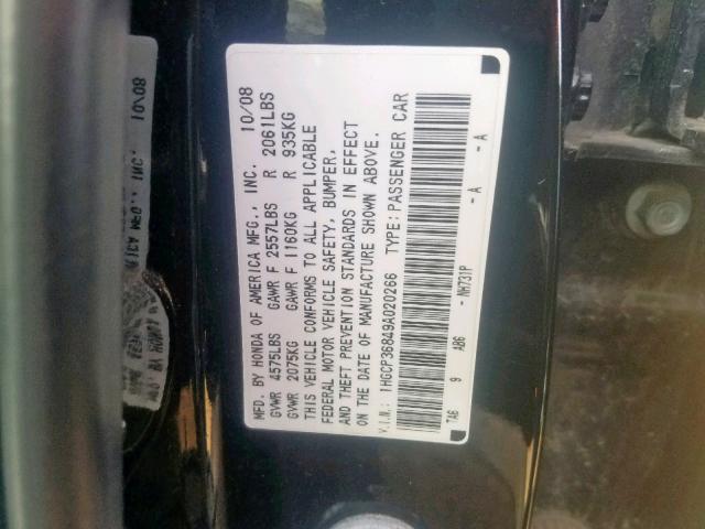 1HGCP36849A020266 - 2009 HONDA ACCORD EXL BLACK photo 10