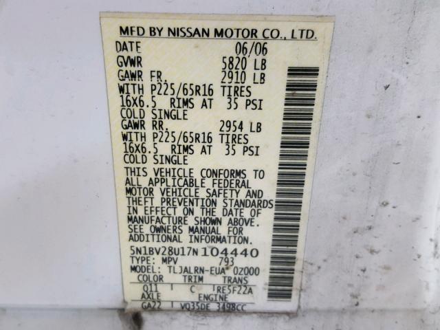 5N1BV28U17N104440 - 2007 NISSAN QUEST S WHITE photo 10