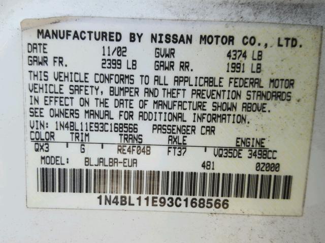 1N4BL11E93C168566 - 2003 NISSAN ALTIMA SE WHITE photo 10