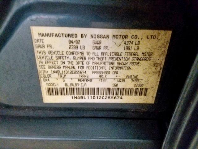 1N4BL11D12C255674 - 2002 NISSAN ALTIMA SE TEAL photo 10