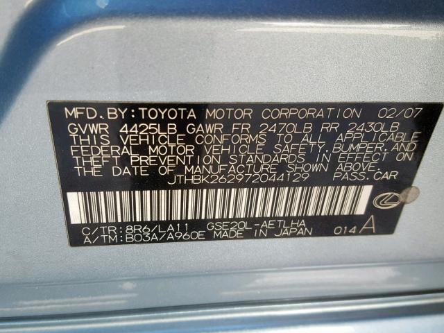 JTHBK262972044129 - 2007 LEXUS IS 250 BLUE photo 10