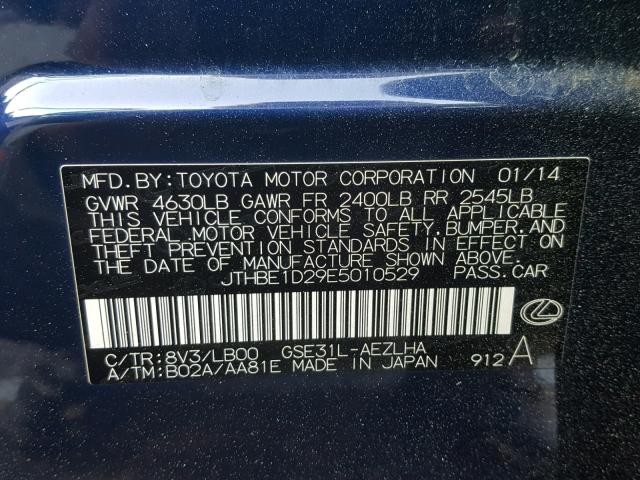 JTHBE1D29E5010529 - 2014 LEXUS IS 350 BLUE photo 10