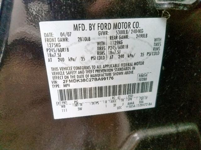 2FMDK38C27BA99176 - 2007 FORD EDGE SEL PURPLE photo 10