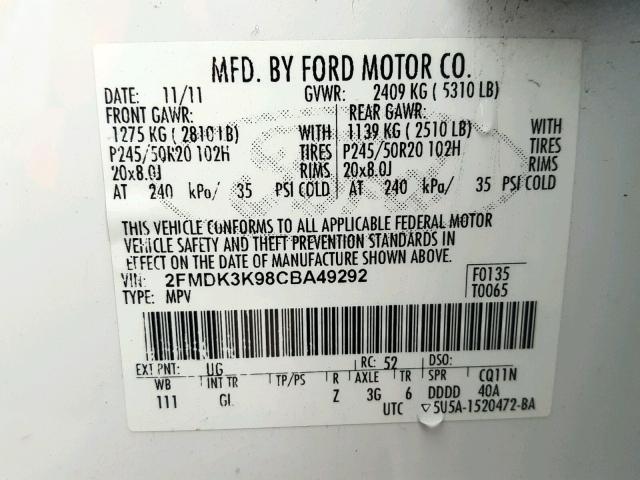 2FMDK3K98CBA49292 - 2012 FORD EDGE LIMIT WHITE photo 10