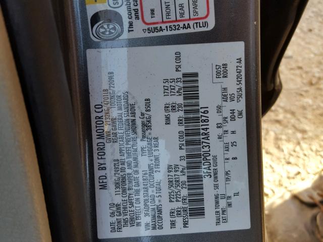 3FADP0L37AR418761 - 2010 FORD FUSION HYB CHARCOAL photo 10