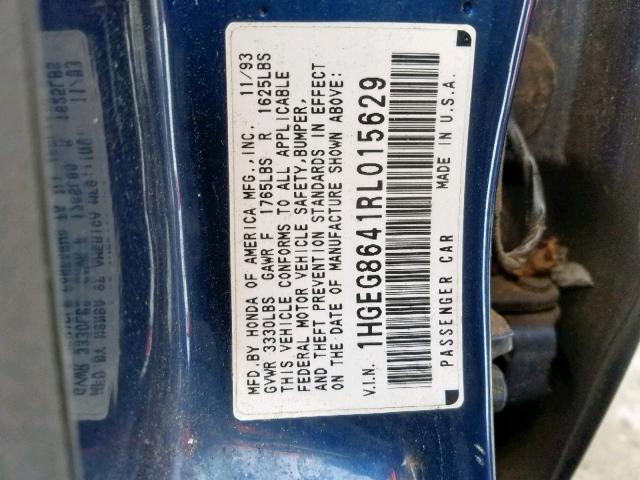 1HGEG8641RL015629 - 1994 HONDA CIVIC DX BLUE photo 10