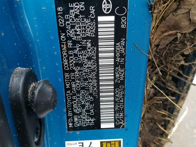 JTDKARFP9J3074452 - 2018 TOYOTA PRIUS PRIM 蓝色 照片 10