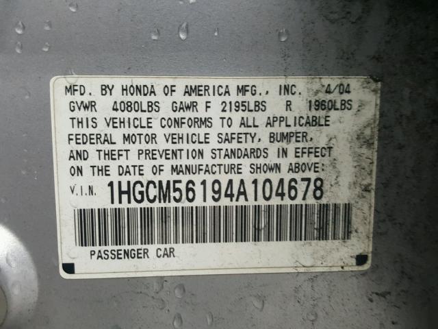 1HGCM56194A104678 - 2004 HONDA ACCORD DX SILVER photo 10