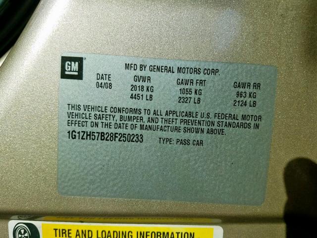 1G1ZH57B28F250233 - 2008 CHEVROLET MALIBU 1LT 棕色 照片 10