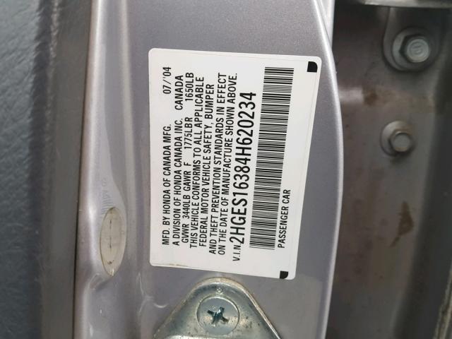 2HGES16384H620234 - 2004 HONDA CIVIC DX V SILVER photo 10