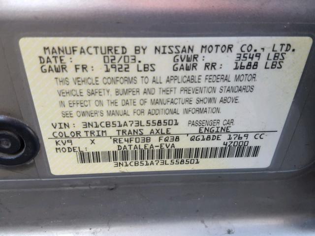 3N1CB51A73L558501 - 2003 NISSAN SENTRA GXE GRAY photo 10