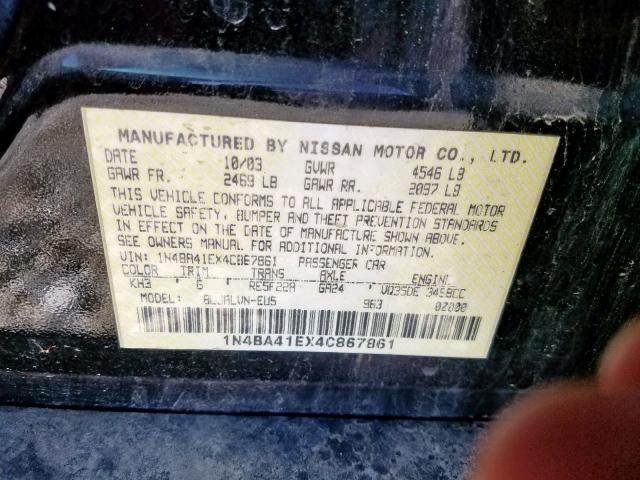 1N4BA41EX4C867861 - 2004 NISSAN MAXIMA SE BLACK photo 10