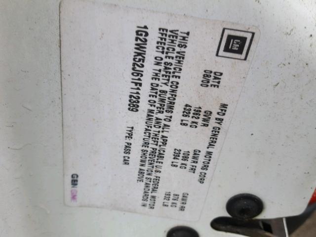 1G2WK52J61F112389 - 2001 PONTIAC GRAND PRIX WHITE photo 10