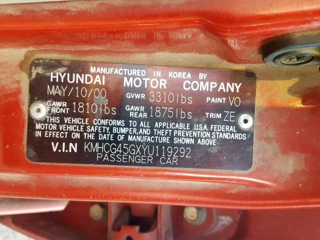 KMHCG45GXYU119292 - 2000 HYUNDAI ACCENT GL RED photo 10