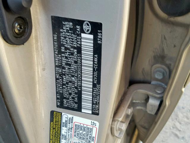 4T1BE32K95U509851 - 2005 TOYOTA CAMRY LE TAN photo 10