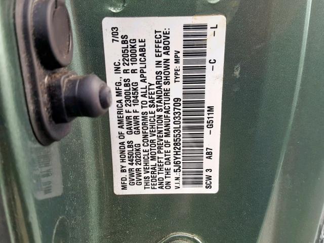 5J6YH28553L033709 - 2003 HONDA ELEMENT EX GREEN photo 10