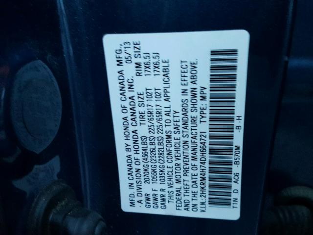 2HKRM4H74DH664721 - 2013 HONDA CR-V EXL BLUE photo 10