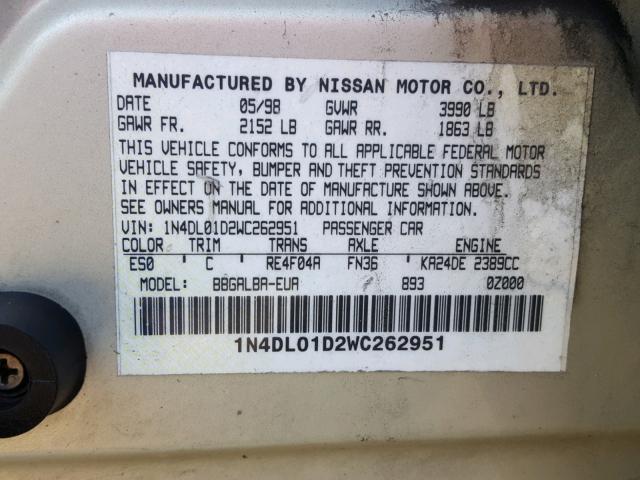 1N4DL01D2WC262951 - 1998 NISSAN ALTIMA XE CREAM photo 10