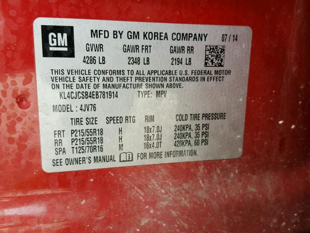 KL4CJCSB4EB781914 - 2014 BUICK ENCORE RED photo 10