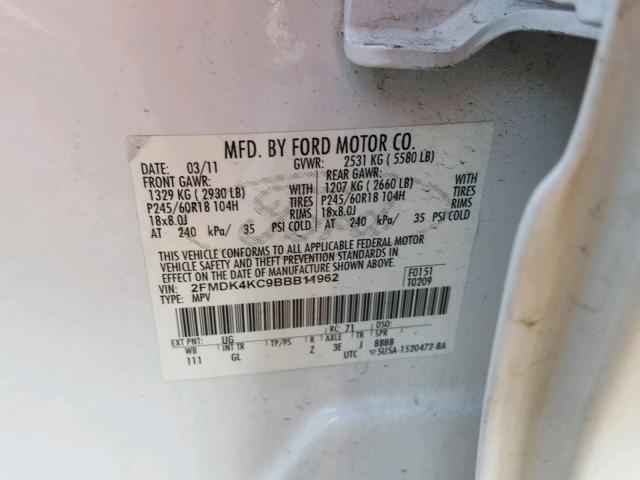 2FMDK4KC9BBB11962 - 2011 FORD EDGE LIMIT WHITE photo 10