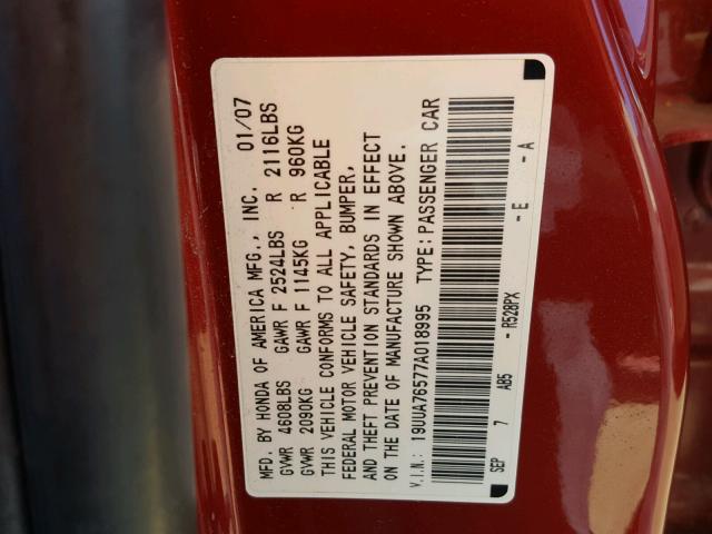 19UUA76577A018995 - 2007 ACURA TL TYPE S RED photo 10