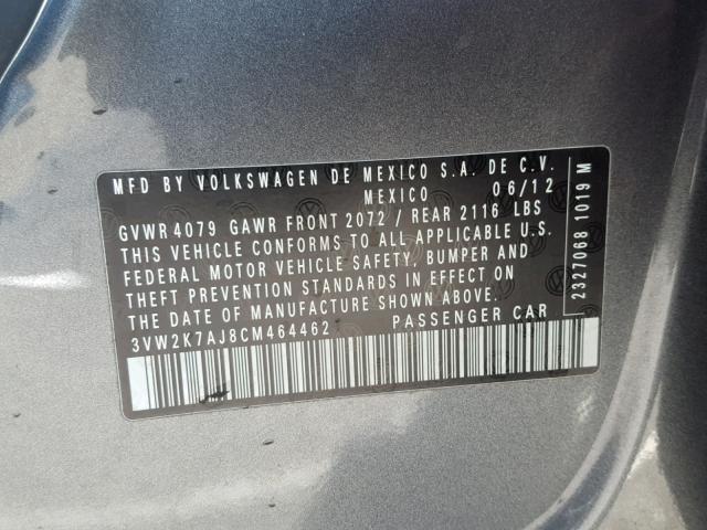 3VW2K7AJ8CM464462 - 2012 VOLKSWAGEN JETTA BASE GRAY photo 10