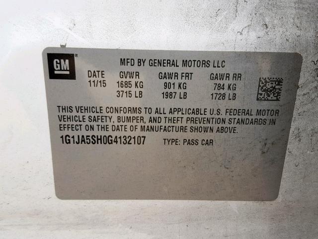 1G1JA5SH0G4132107 - 2016 CHEVROLET SONIC LS 白色 照片 10