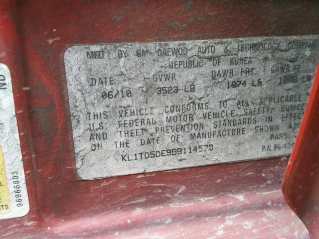 KL1TD5DE9BB114579 - 2011 CHEVROLET AVEO LS RED photo 10