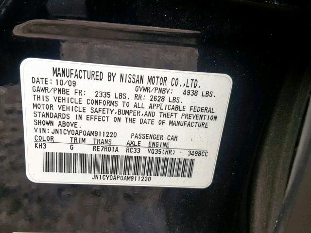 JN1CY0AP0AM911220 - 2010 INFINITI M35 BASE BLACK photo 10