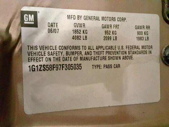 1G1ZS58F97F305035 - 2007 CHEVROLET MALIBU LS TAN photo 10