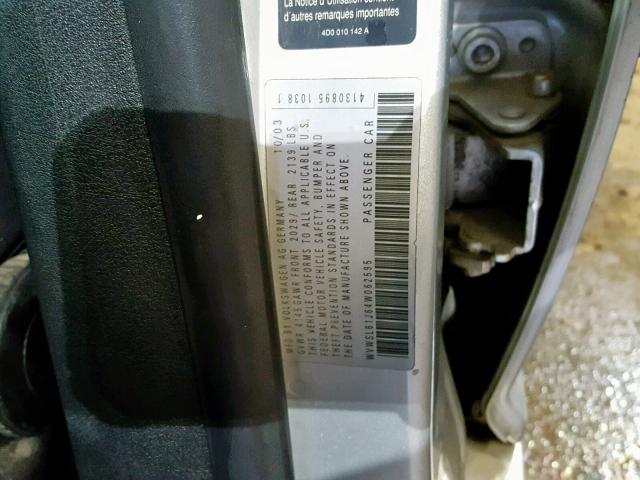 WVWSL61J64W062595 - 2004 VOLKSWAGEN JETTA GLS SILVER photo 10