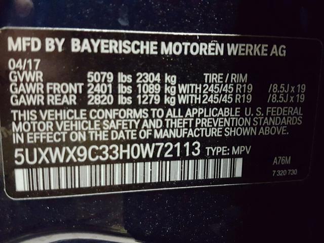 5UXWX9C33H0W72113 - 2017 BMW X3 XDRIVE2 BLUE photo 10