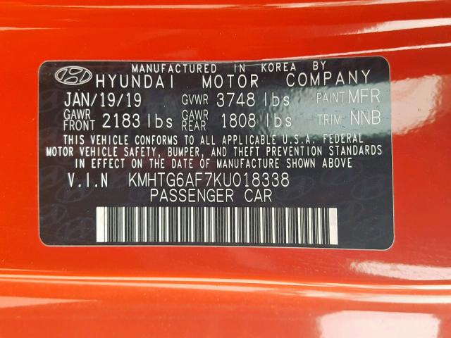 KMHTG6AF7KU018338 - 2019 HYUNDAI VELOSTER B RED photo 10