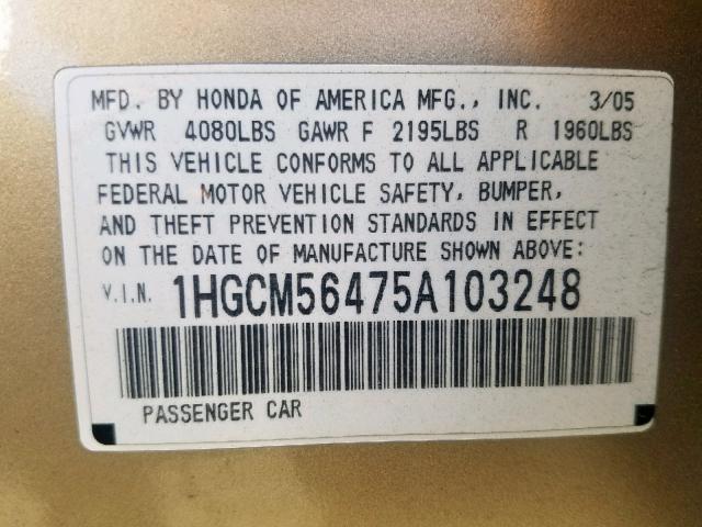 1HGCM56475A103248 - 2005 HONDA ACCORD LX GOLD photo 10