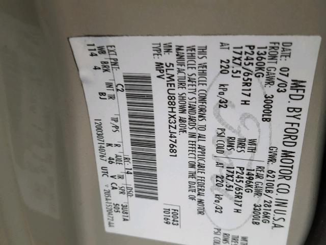 5LMEU88HX3ZJ47681 - 2003 LINCOLN AVIATOR 金色 照片 10