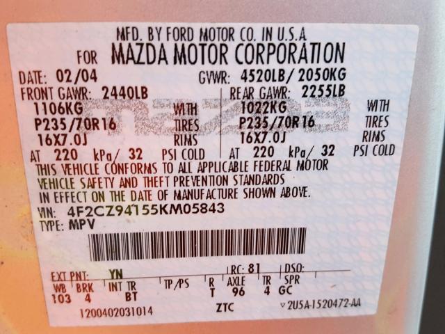 4F2CZ94155KM05843 - 2005 MAZDA TRIBUTE S SILVER photo 10