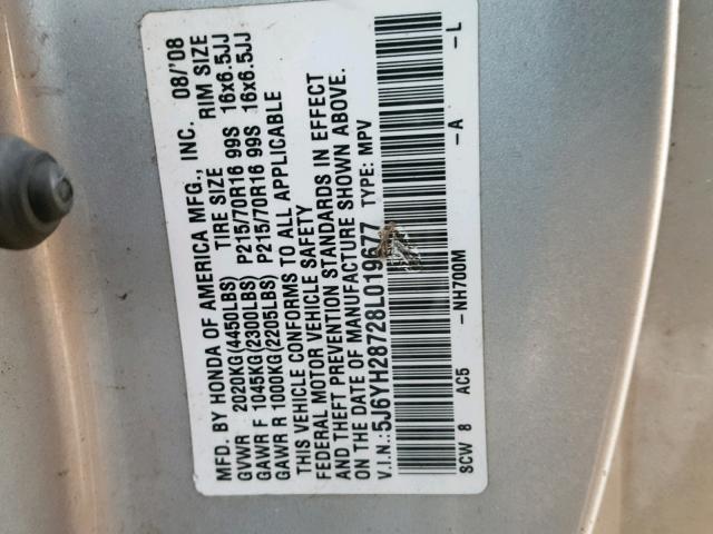 5J6YH28728L019677 - 2008 HONDA ELEMENT EX SILVER photo 10